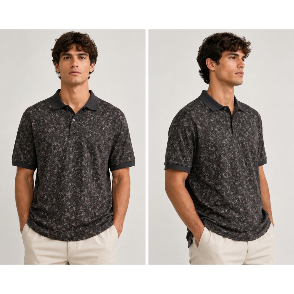 Geoffrey Beene Mens XL Polo Shirt Bamboo Leaf Print Black Brown Short Sleeve NWT